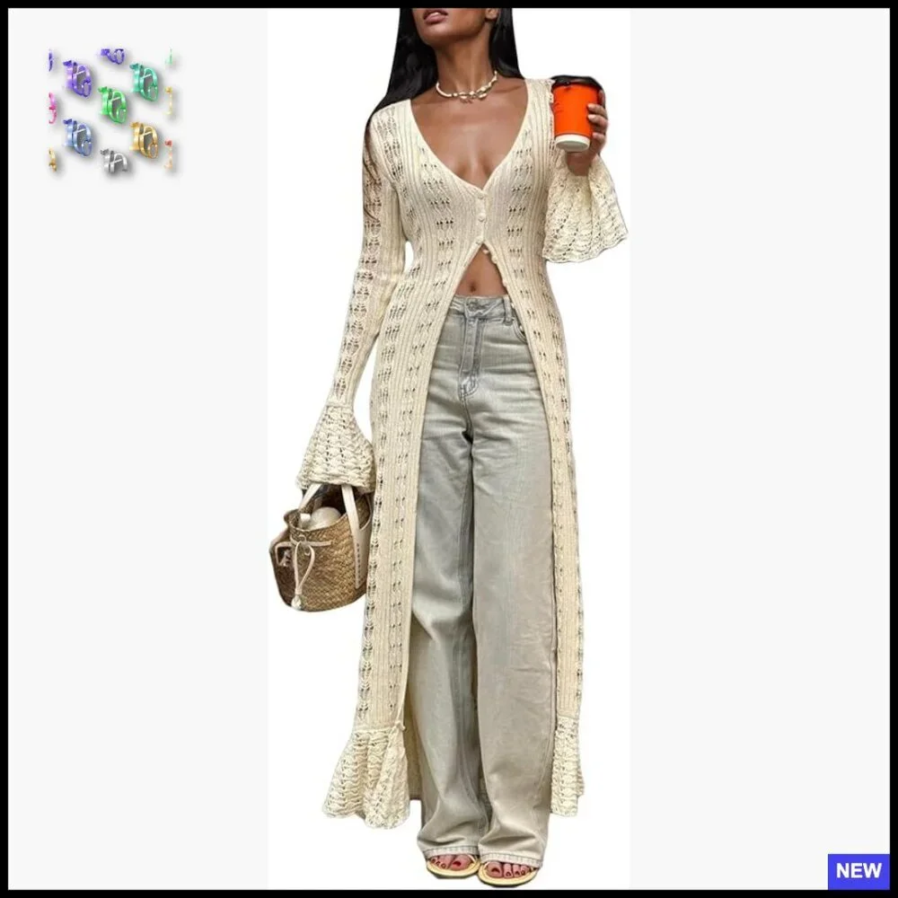 Crochet Hollow Out Maxi Cardigan Boho Oversized Button Down Sweater Dress